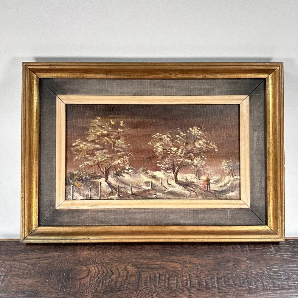 Vintage Oil Painting On Canvas Wall Decor Art Snowy Trees Framed Gold Cottagecor
